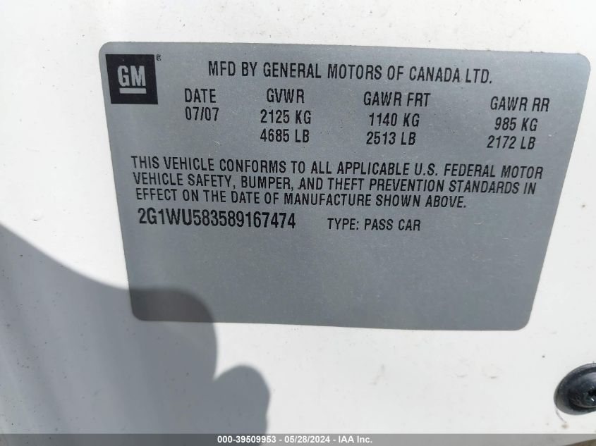 2008 Chevrolet Impala Ltz VIN: 2G1WU583589167474 Lot: 39509953