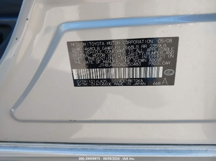 2008 Lexus Es 350 VIN: JTHBJ46G082250483 Lot: 39509970