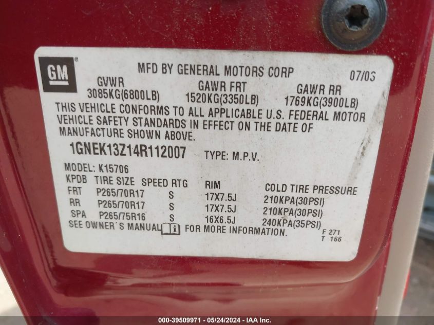 2004 Chevrolet Tahoe Z71 VIN: 1GNEK13Z14R112007 Lot: 39509971