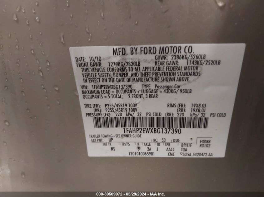 2011 Ford Taurus Sel VIN: 1FAHP2EWXBG137390 Lot: 39509972