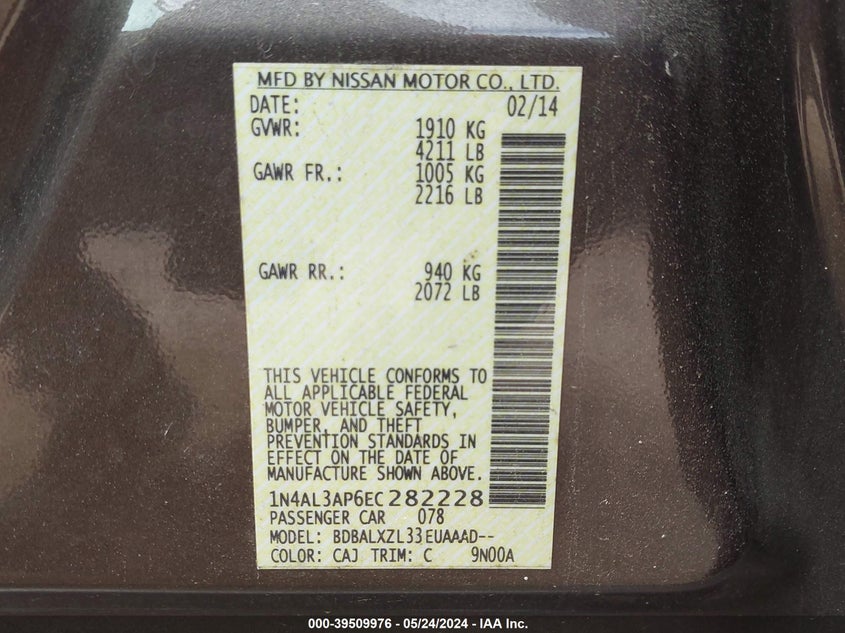 2014 Nissan Altima 2.5 Sl VIN: 1N4AL3AP6EC282228 Lot: 39509976