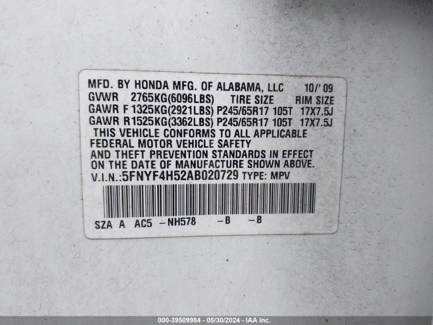 2010 Honda Pilot Ex-L VIN: 5FNYF4H52AB020729 Lot: 39509984
