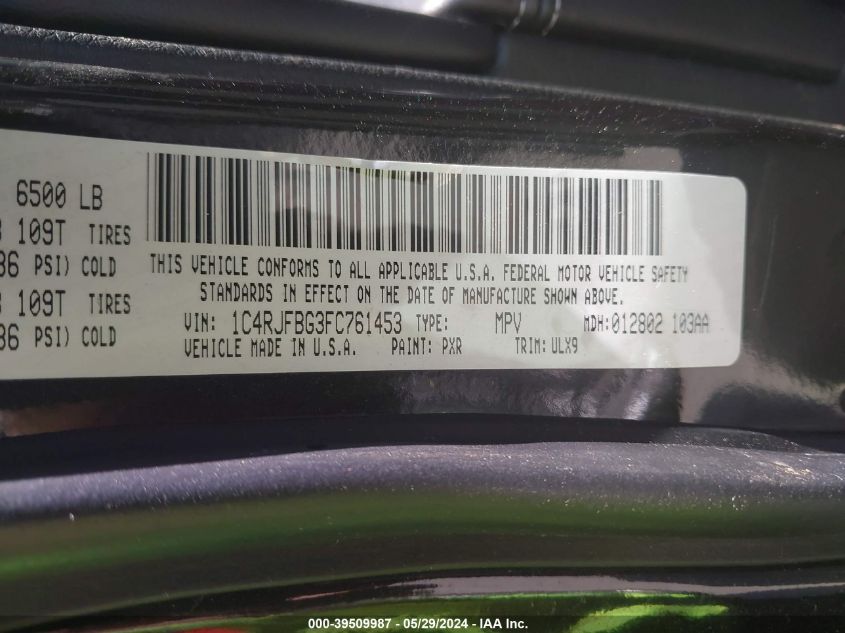 2015 Jeep Grand Cherokee Limited VIN: 1C4RJFBG3FC761453 Lot: 39509987