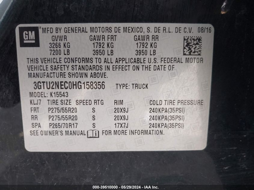 2017 GMC Sierra 1500 Slt VIN: 3GTU2NEC0HG158356 Lot: 39510000