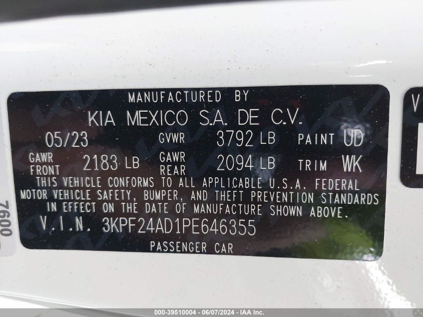 2023 Kia Forte Lx VIN: 3KPF24AD1PE646355 Lot: 39510004