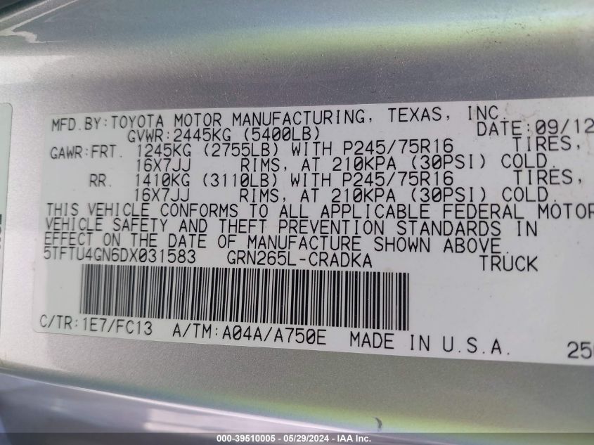 2013 Toyota Tacoma Prerunner V6 VIN: 5TFTU4GN6DX031583 Lot: 39510005