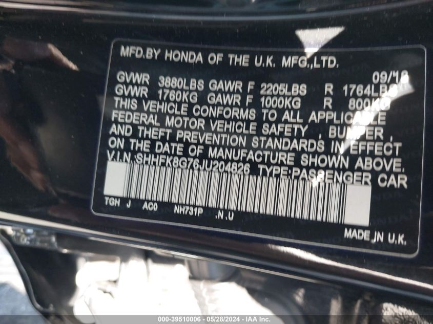 2018 Honda Civic Type R Touring VIN: SHHFK8G76JU204826 Lot: 39510006