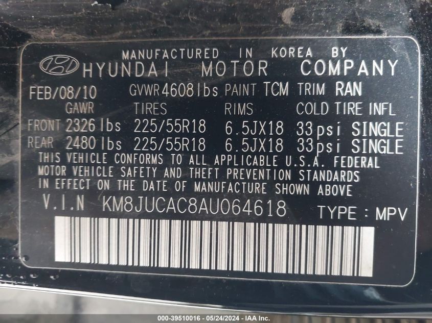 2010 Hyundai Tucson Limited VIN: KM8JUCAC8AU064618 Lot: 39510016