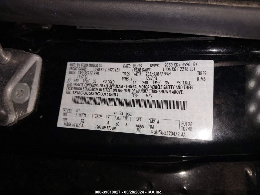 2016 Ford Escape Se VIN: 1FMCU0GX9GUA10691 Lot: 39510027
