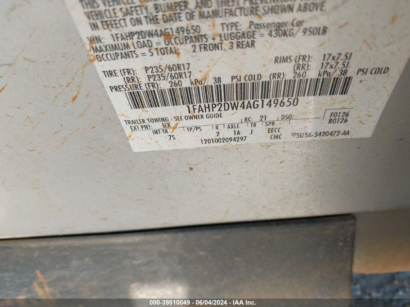 2010 Ford Taurus Se VIN: 1FAHP2DW4AG149650 Lot: 39510049