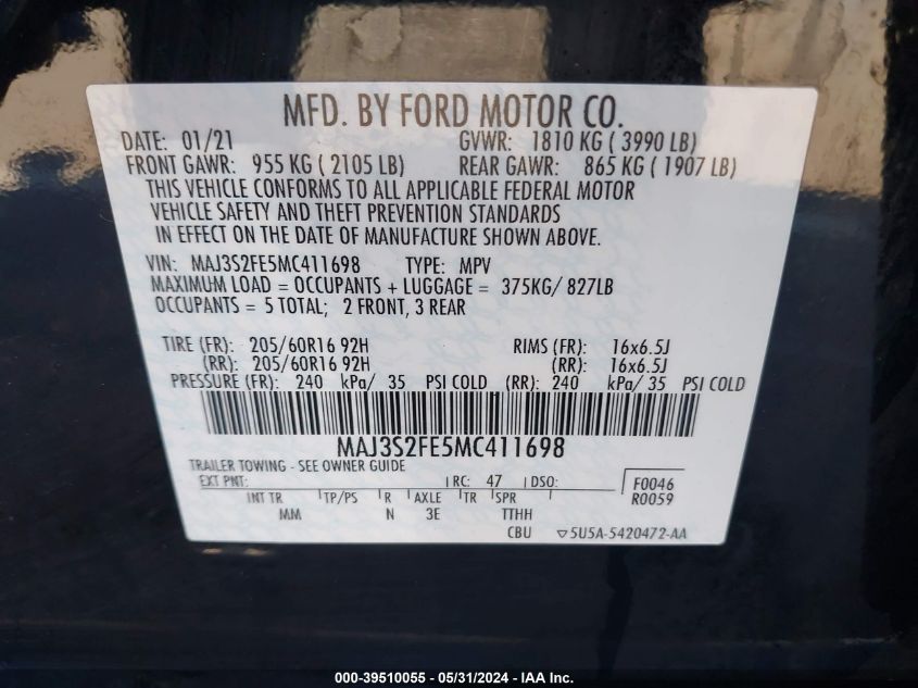 2021 Ford Ecosport S VIN: MAJ3S2FE5MC411698 Lot: 39510055