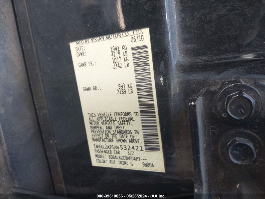 2010 Nissan Altima 2.5 S VIN: 1N4AL2AP1AN532421 Lot: 39510056