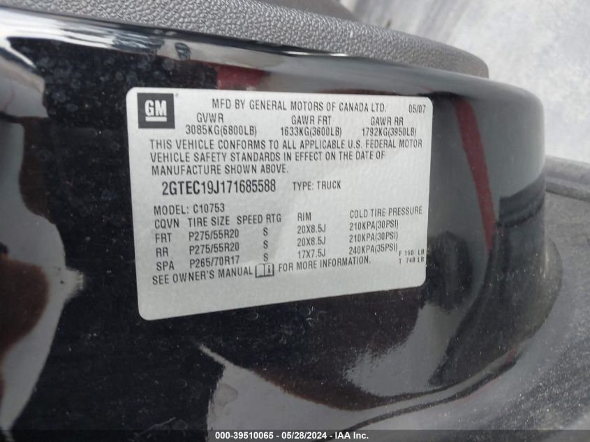 2007 GMC Sierra 1500 Slt VIN: 2GTEC19J171685588 Lot: 39510065
