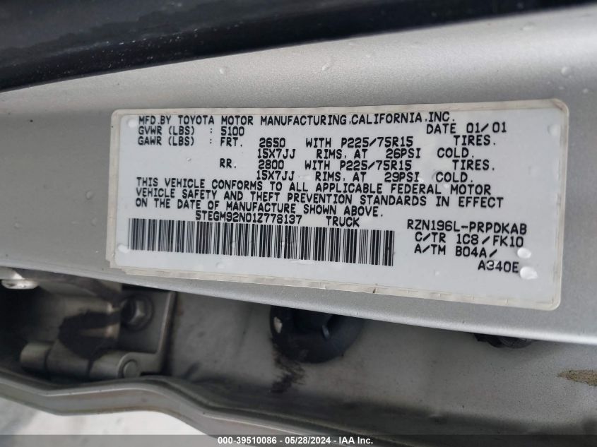 2001 Toyota Tacoma Prerunner VIN: 5TEGM92N01Z778137 Lot: 39510086