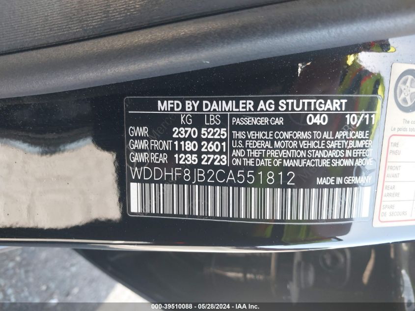 2012 Mercedes-Benz E 350 4Matic VIN: WDDHF8JB2CA551812 Lot: 39510088