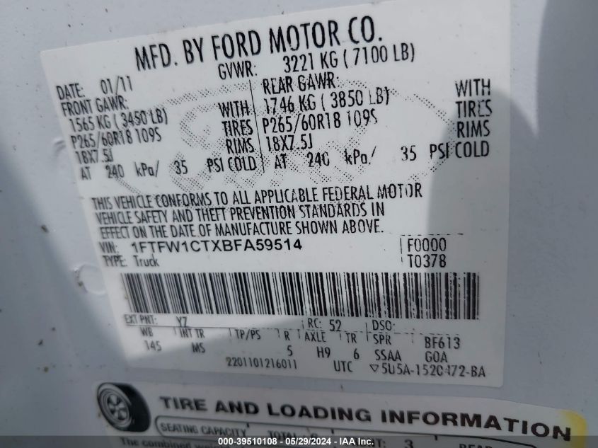 2011 Ford F-150 Xlt VIN: 1FTFW1CTXBFA59514 Lot: 39510108