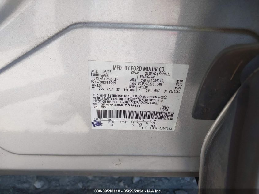 2017 Ford Edge Sel VIN: 2FMPK4J84HBB59436 Lot: 39510110