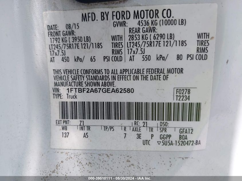 2016 Ford F-250 Xl VIN: 1FTBF2A67GEA62580 Lot: 39510111