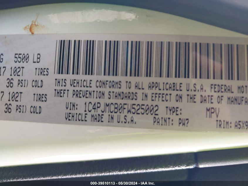 2015 Jeep Cherokee Latitude VIN: 1C4PJMCB0FW525002 Lot: 39510113