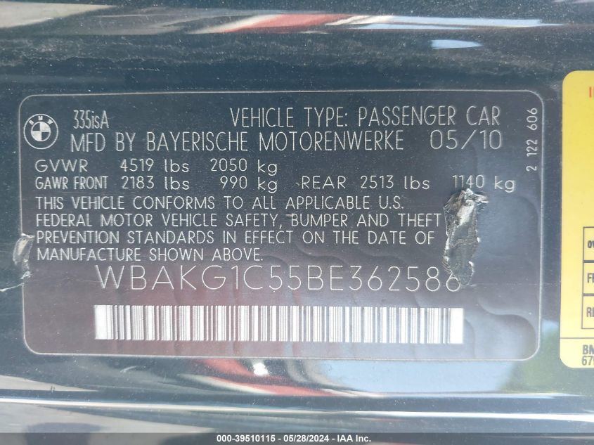 2011 BMW 335Is VIN: WBAKG1C55BE362586 Lot: 39510115