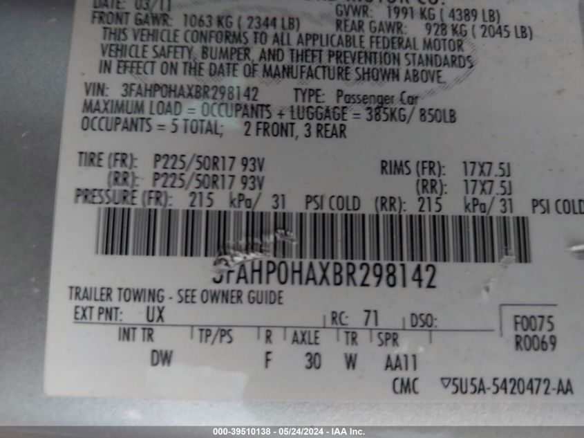 2011 Ford Fusion Se VIN: 3FAHP0HAXBR298142 Lot: 39510138