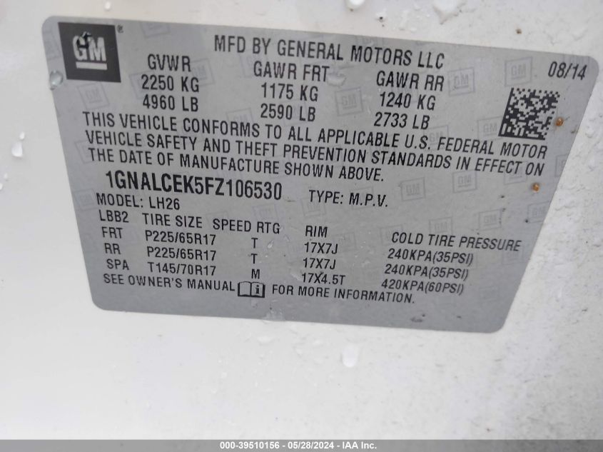 2015 Chevrolet Equinox 2Lt VIN: 1GNALCEK5FZ106530 Lot: 39510156