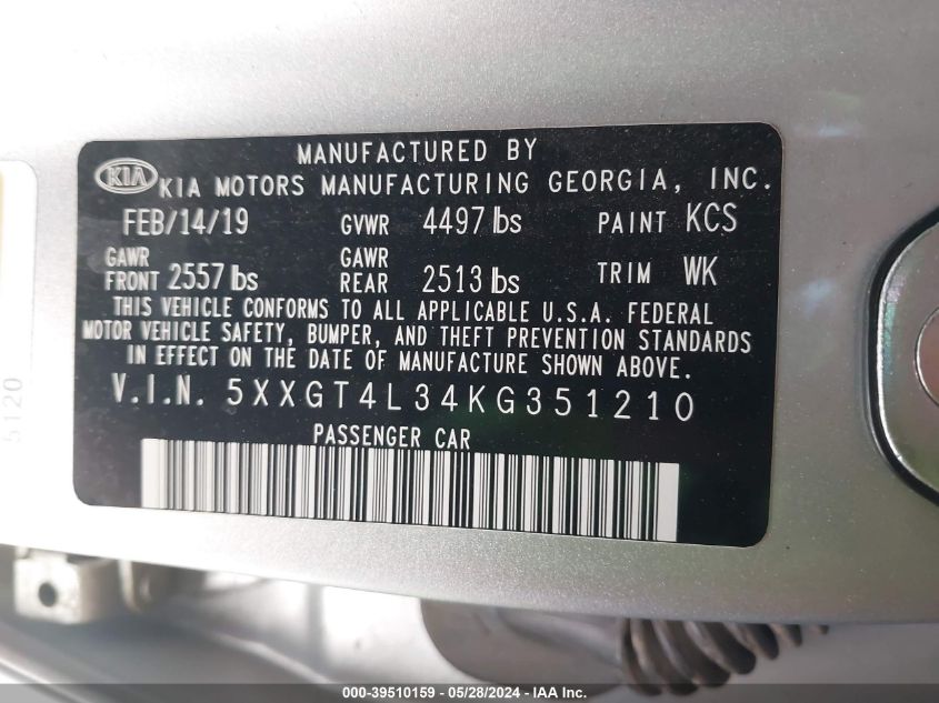 2019 Kia Optima Lx VIN: 5XXGT4L34KG351210 Lot: 39510159