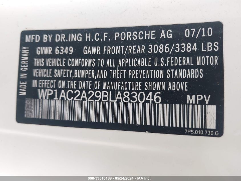 2011 Porsche Cayenne Turbo VIN: WP1AC2A29BLA83046 Lot: 39510169