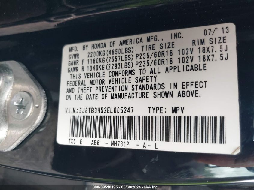 2014 Acura Rdx VIN: 5J8TB3H52EL005247 Lot: 39510195