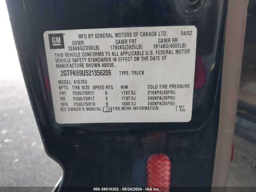 2002 GMC Sierra 1500 Denali VIN: 2GTFK69U521356206 Lot: 39510202