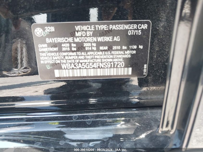 2015 BMW 328 I VIN: WBA3A5G54FNS91720 Lot: 39510208