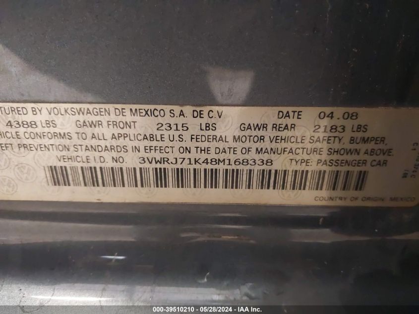 2008 Volkswagen Jetta Wolfsburg Edition VIN: 3VWRJ71K48M168338 Lot: 39510210