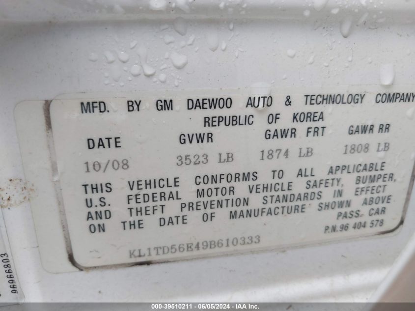 2009 Chevrolet Aveo Lt VIN: KL1TD56E49B610333 Lot: 39510211