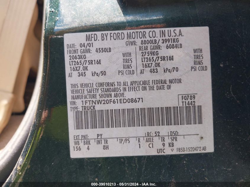 2001 Ford F-250 Lariat/Xl/Xlt VIN: 1FTNW20F61ED08671 Lot: 39510213