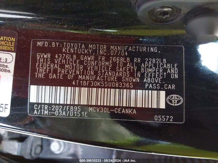2005 Toyota Camry Le V6 VIN: 4T1BF30K55U083365 Lot: 39510233