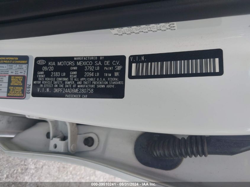 2021 Kia Forte Lxs VIN: 3KPF24AD6ME280758 Lot: 39510241