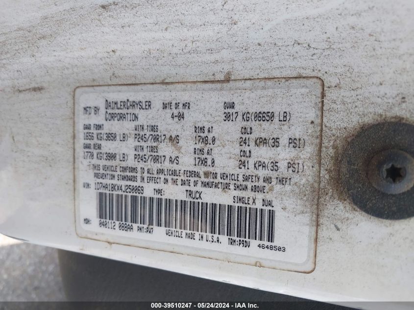 2004 Dodge Ram 1500 St VIN: 1D7HA18KX4J250069 Lot: 39510247