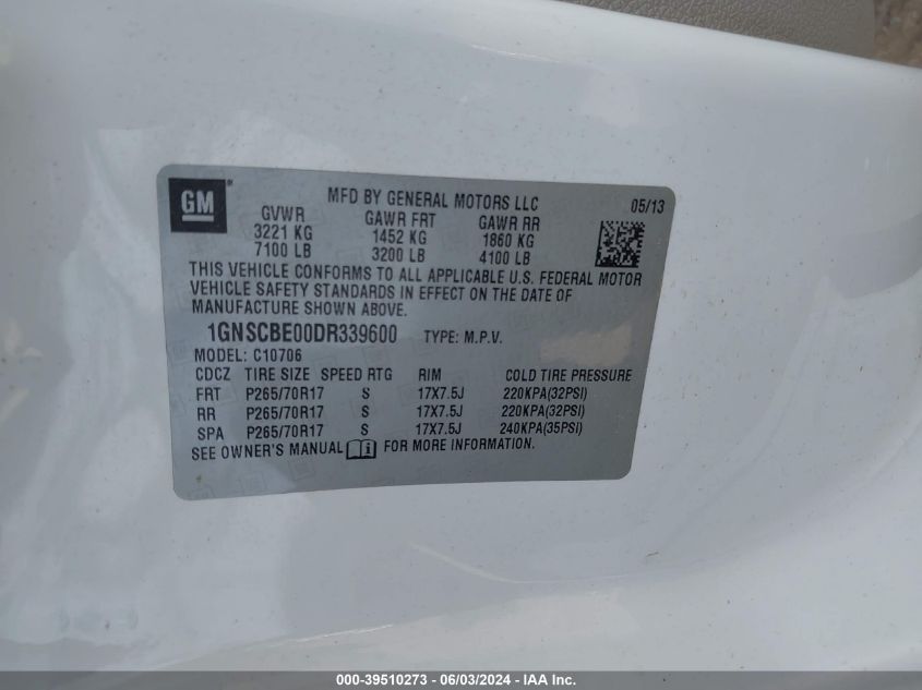 2013 Chevrolet Tahoe Lt VIN: 1GNSCBE00DR339600 Lot: 39510273