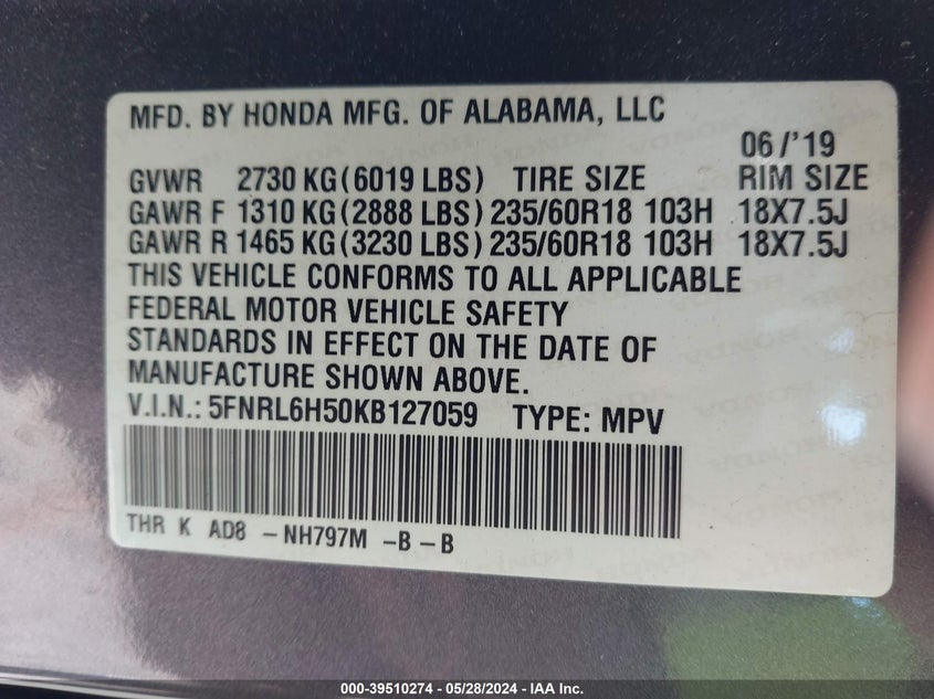 2019 Honda Odyssey Ex VIN: 5FNRL6H50KB127059 Lot: 39510274