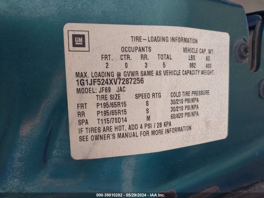 1997 Chevrolet Cavalier Ls VIN: 1G1JF524XV7287256 Lot: 39510282