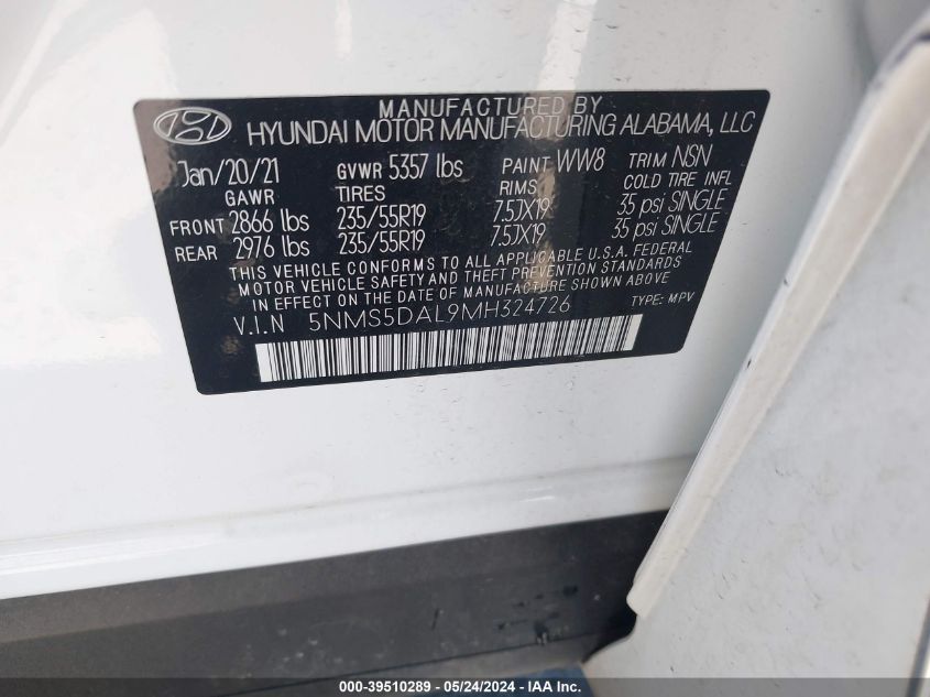 2021 Hyundai Santa Fe Calligraphy VIN: 5NMS5DAL9MH324726 Lot: 39510289