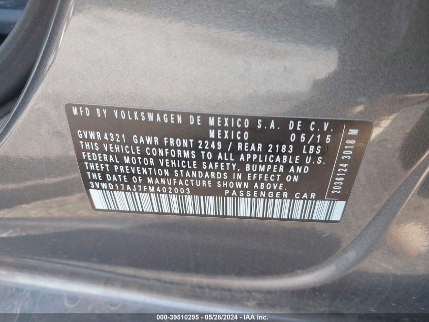 2015 Volkswagen Jetta 1.8T Sport VIN: 3VWD17AJ7FM402003 Lot: 39510295