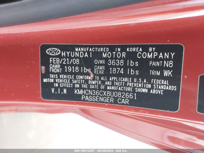 2008 Hyundai Accent Se VIN: KMHCN36CX8U082661 Lot: 39510297