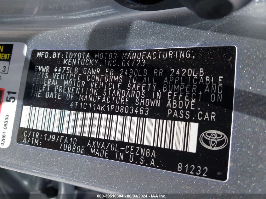 4T1C11AK1PU803463 2023 Toyota Camry Le