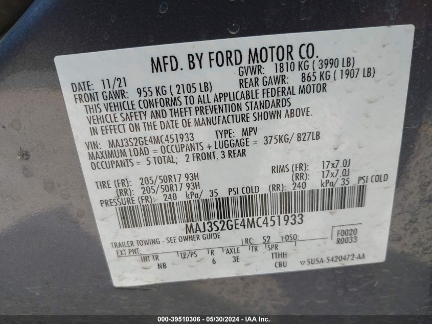 2021 Ford Ecosport Se VIN: MAJ3S2GE4MC451933 Lot: 39510306