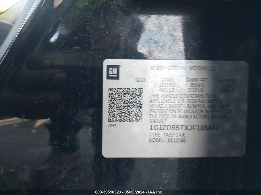 2018 Chevrolet Malibu Lt VIN: 1G1ZD5STXJF185441 Lot: 39510323