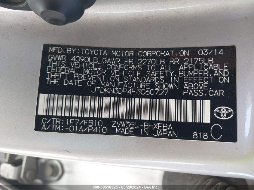 2014 Toyota Prius Plug-In VIN: JTDKN3DP4E3060727 Lot: 39510325