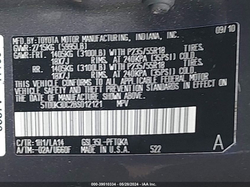 2011 Toyota Sienna Limited VIN: 5TDDK3DC2BS012121 Lot: 39510334