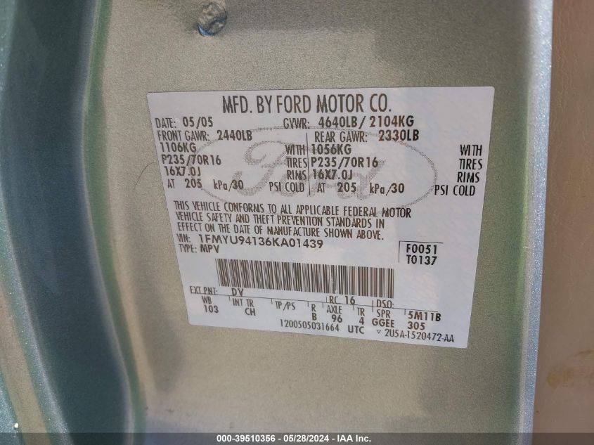 2006 Ford Escape Limited VIN: 1FMYU94136KA01439 Lot: 39510356