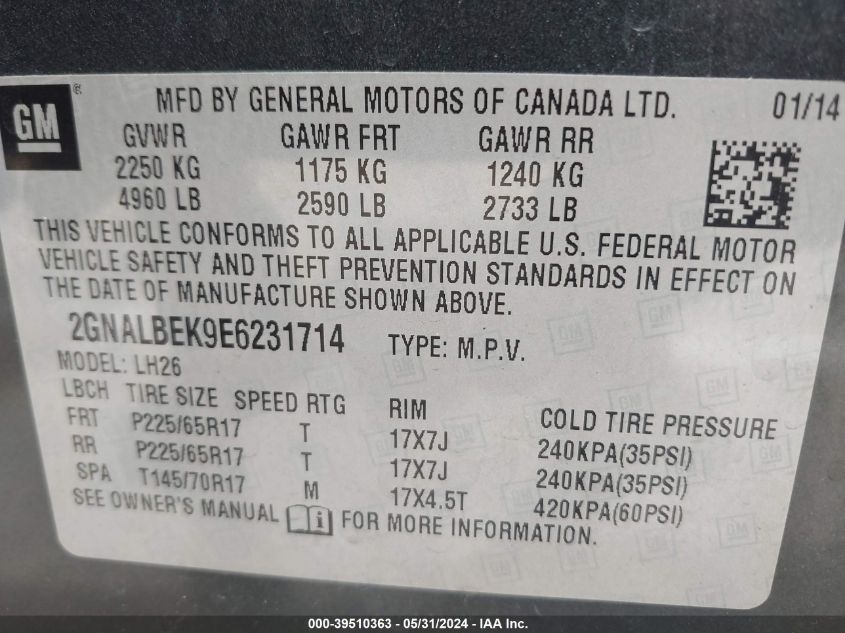 2014 Chevrolet Equinox 1Lt VIN: 2GNALBEK9E6231714 Lot: 39510363